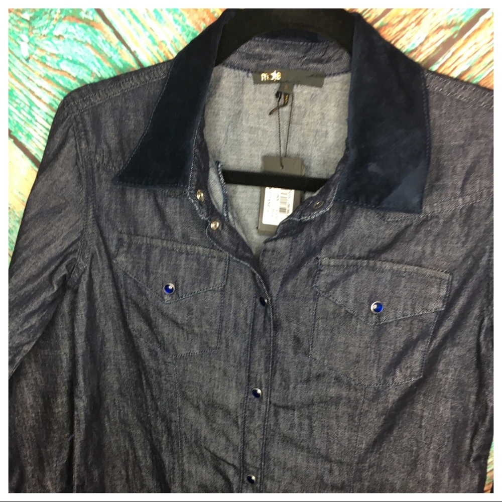 Maje NWT Rallex Denim & Velvet Trimmed Shirt Dress - Picture 5 of 7